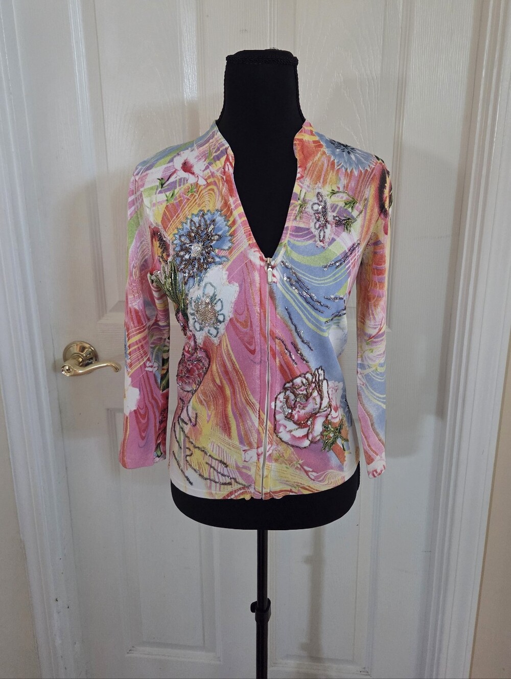 Alberto Makali multicoloured floral zip up top with beaded details Y2K Fairy XS